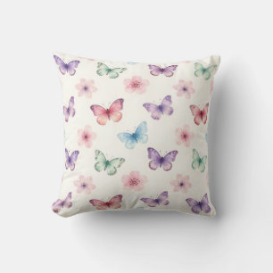 Watercolor Butterflies Cherry Blossoms Pattern Throw Pillow