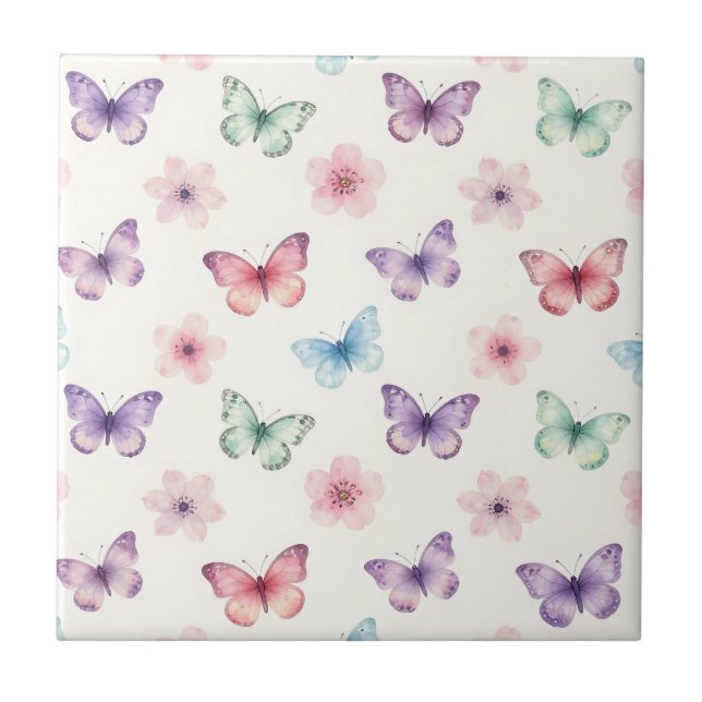 Watercolor Butterflies Cherry Blossoms Pattern Tile (Front)