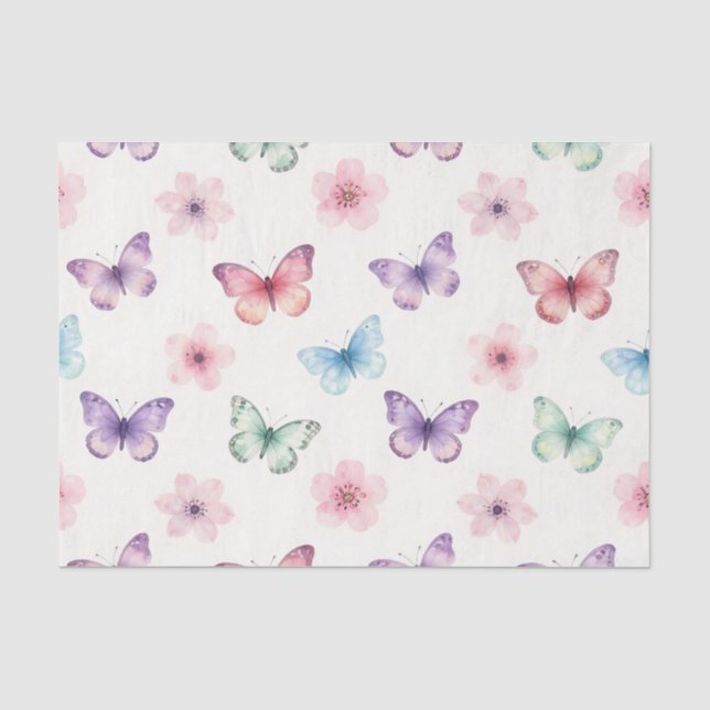 Watercolor Butterflies Cherry Blossoms Pattern Tissue Paper (Front)