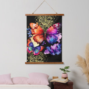 Watercolor Butterflies Colourful Faux Glitter Hanging Tapestry