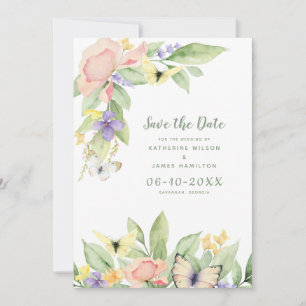 Watercolor Butterflies Floral Sage Green Save The Date