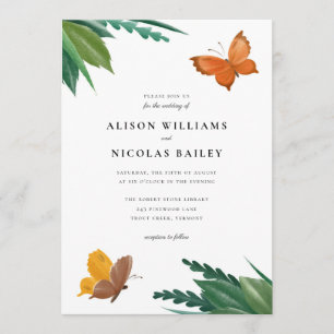 Watercolor Butterflies Green Foliage Wedding Invitation