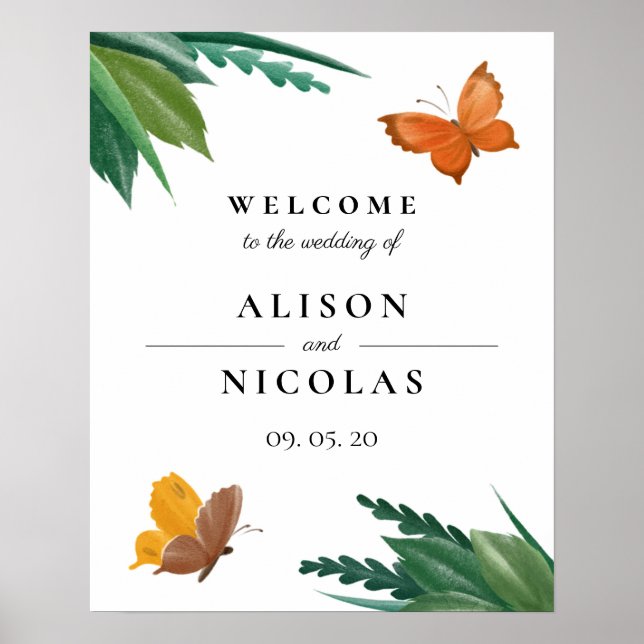 Watercolor Butterflies Green Foliage Wedding Poster (Front)