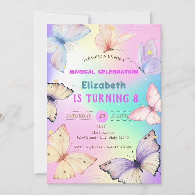 Watercolor Butterflies Holographic Birthday Invitation (Front)