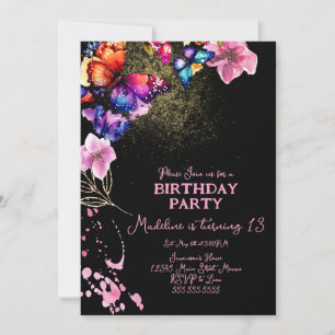 Watercolor Butterflies in Florals Black Birthday Invitation