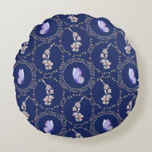 Watercolor Butterflies In Vines Round Pillow