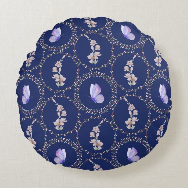 Watercolor Butterflies In Vines Round Pillow (Front)