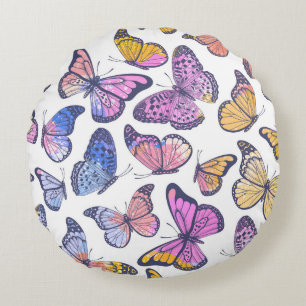 Watercolor Butterflies: Pastel Vintage Pattern. Round Pillow