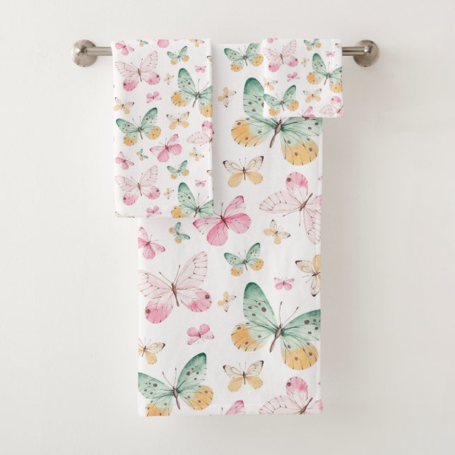 Watercolor Butterflies Pattern Bath Towel Set (Insitu)