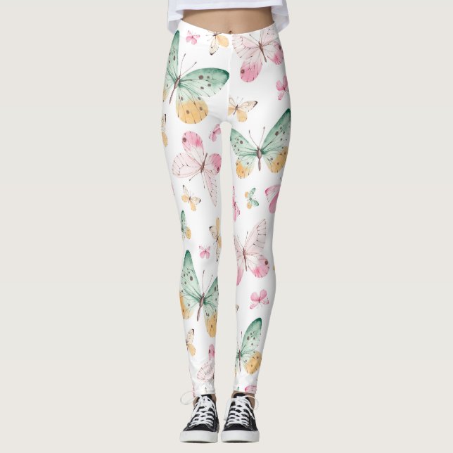 Watercolor Butterflies Pattern Leggings (Front)