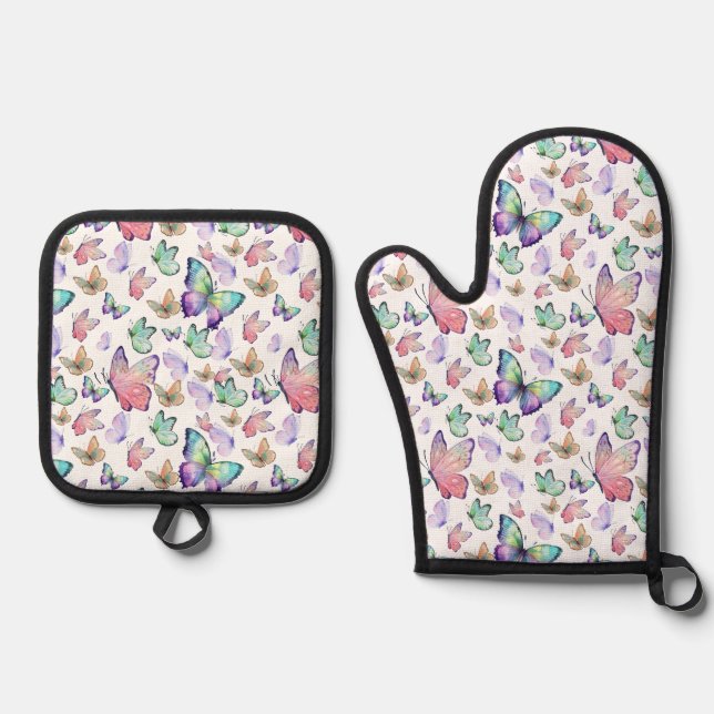 Watercolor Butterflies Seamless Pattern Oven Mitt & Pot Holder Set (Front)