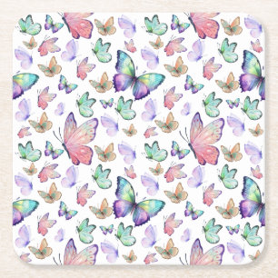 Watercolor Butterflies Seamless Pattern Square Paper Coaster