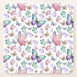 Watercolor Butterflies Seamless Pattern Square Paper Coaster