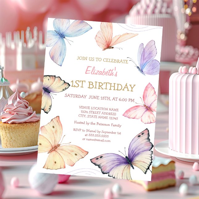 Watercolor Butterflies Stripes Birthday   Invitation (Creator Uploaded)