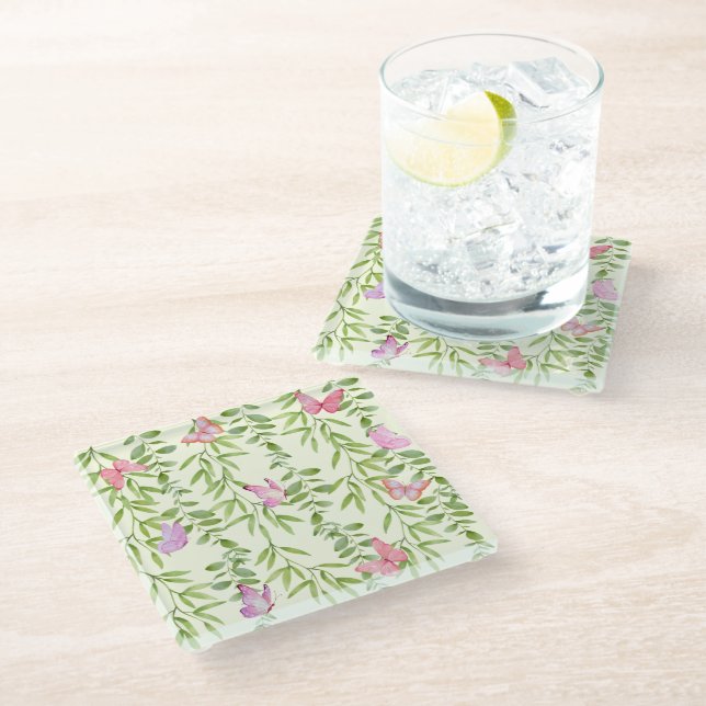 Watercolor Butterflies & Weeping Willow Coaster (Angled)