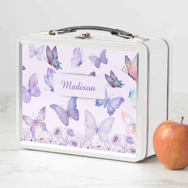 Watercolor Butterflies Wildflowers Garden Lilac Metal Lunch Box (In Situ)