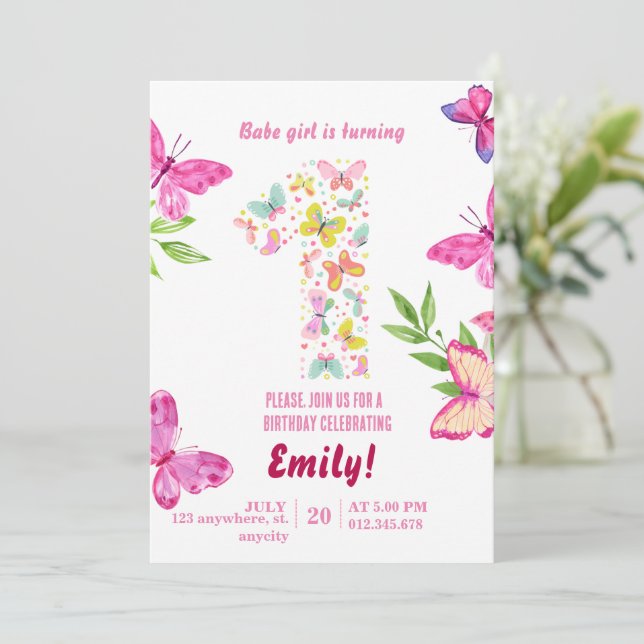 Watercolor Butterfly 1ère invitation anniversaire (Debout devant)