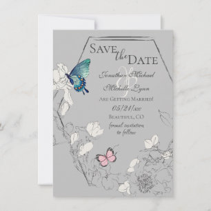 Watercolor Butterfly and Flower Geometric Wedding Save The Date