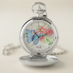 Watercolor Butterfly and Flowers Elegant Monogram Pocket Watch<br><div class="desc">Pretty watercolor flower and butterfly art.</div>