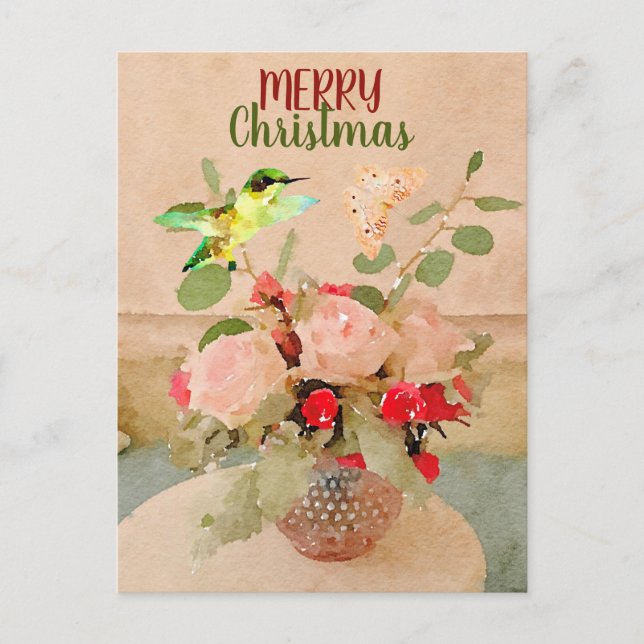 Watercolor Butterfly and Hummingbird Christmas Holiday Postcard (Front)