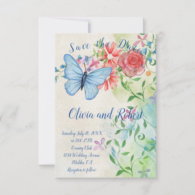 Watercolor butterfly and red rose Flat Card (Front)