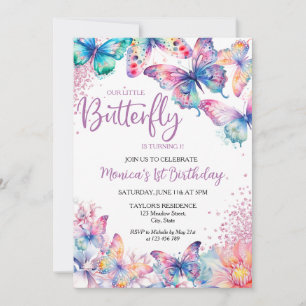 Watercolor Butterfly Baby Girl's 1st Birthday Invitation