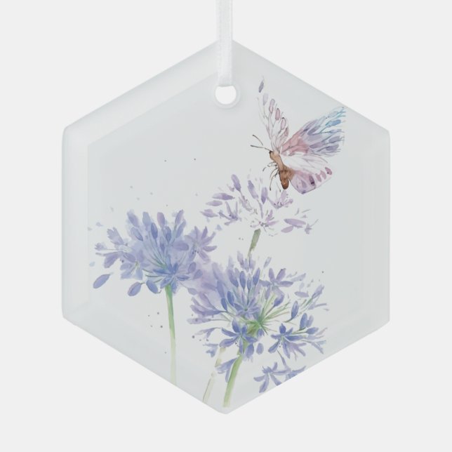 Watercolor Butterfly Blue Garden Flower Glass Ornament (Front)