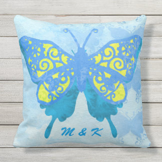 Watercolor Butterfly Blue Yellow Vintage Handpaint Outdoor Pillow