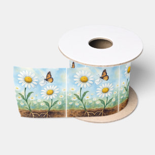 Watercolor Butterfly Delivering Mail to a Daisy Satin Ribbon