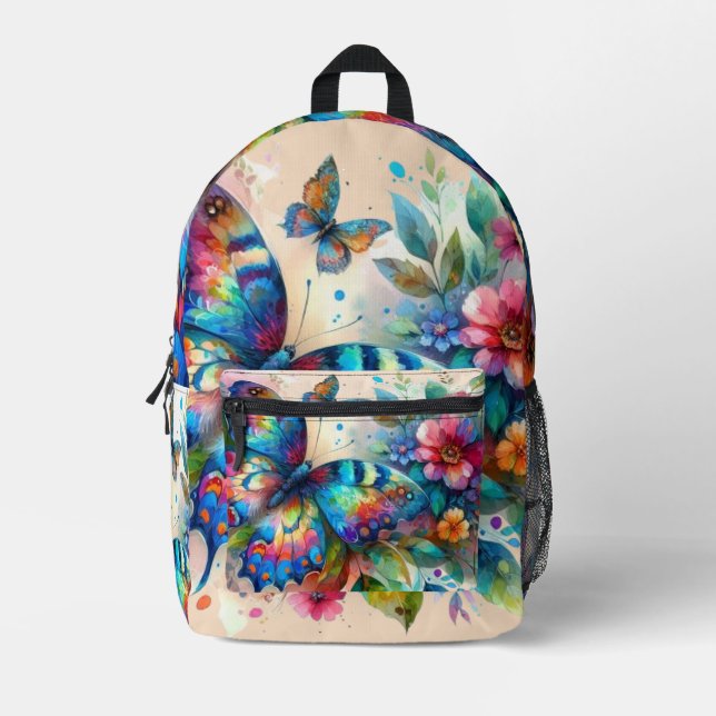Watercolor Butterfly Floral Flower Blue Pink Printed Backpack (Front)