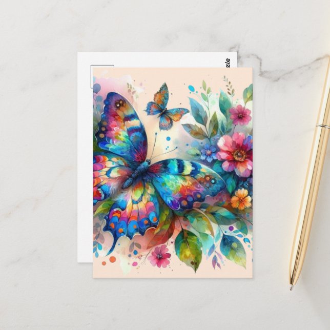 Watercolor Butterfly Floral Flowers Blue Pink Postcard (Front/Back In Situ)