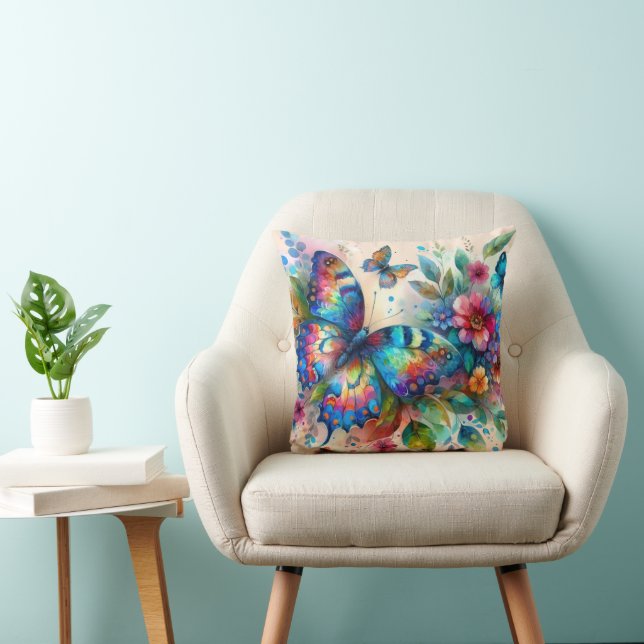 Watercolor Butterfly Floral Flowers Blue Pink Throw Pillow (Chair)
