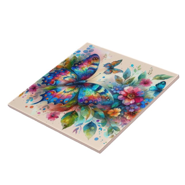 Watercolor Butterfly Floral Flowers Blue Pink Tile (Side)