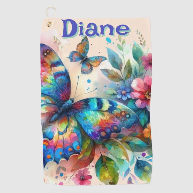 Watercolor Butterfly Floral Garden Personalized Golf Towel (Front)