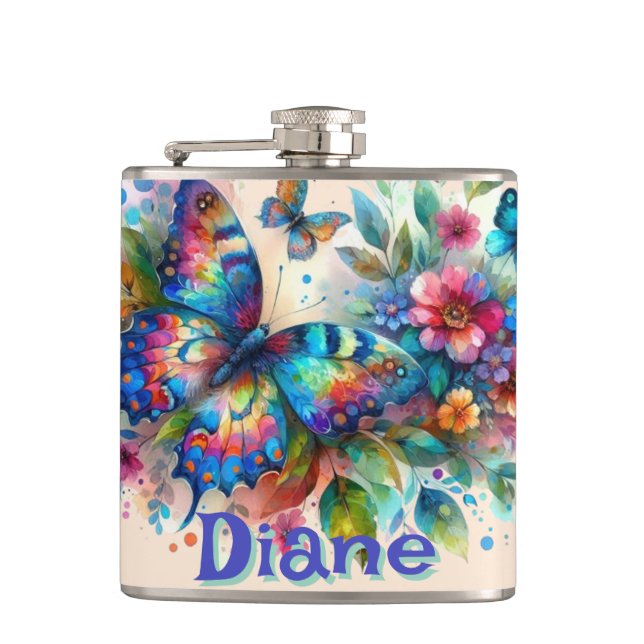 Watercolor Butterfly Floral Garden Personalized Hip Flask (Front)