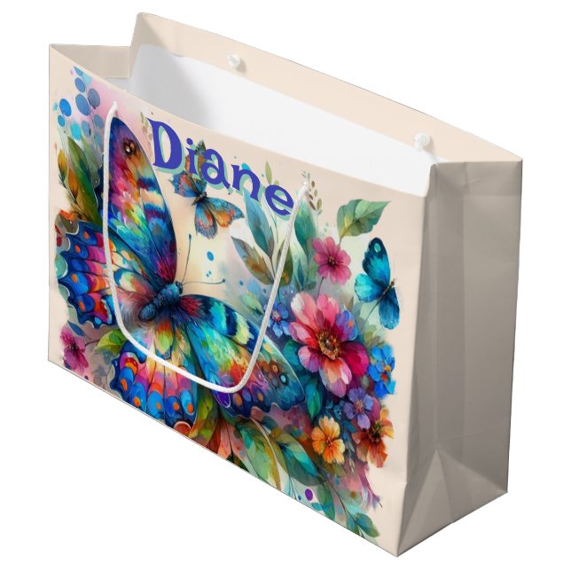 Watercolor Butterfly Floral Garden Personalized Large Gift Bag (Front Angled)