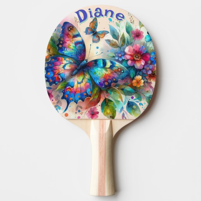 Watercolor Butterfly Floral Garden Personalized Ping Pong Paddle (Front)