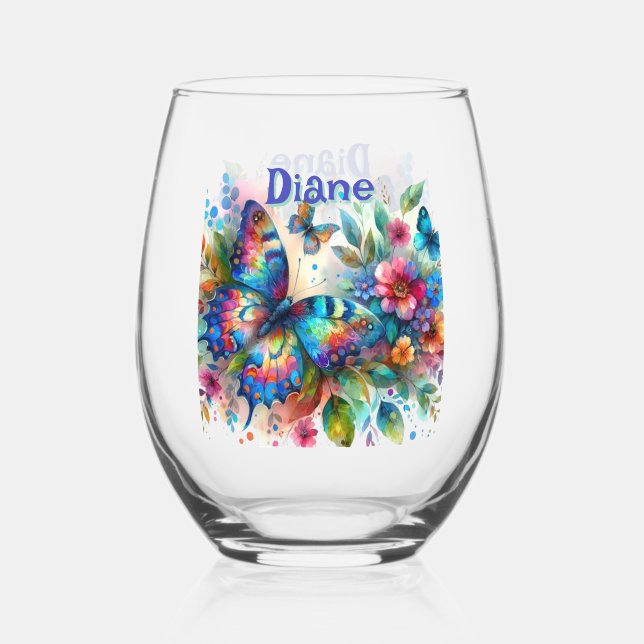 Watercolor Butterfly Floral Garden Personalized Stemless Wine Glass (Front)
