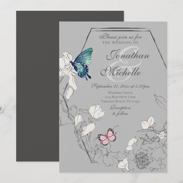 Watercolor Butterfly Floral Geometric Wedding Invitation (Front/Back)
