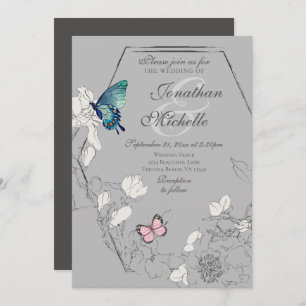 Watercolor Butterfly Floral Geometric Wedding Invitation