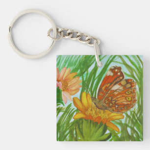 Watercolor Butterfly flower garden Keychain
