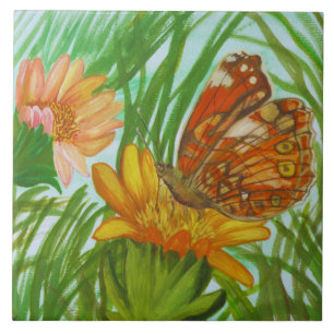 Watercolor Butterfly flower garden Tile