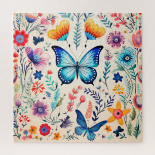 Watercolor Butterfly Garden   Whimsical Floral  Jigsaw Puzzle