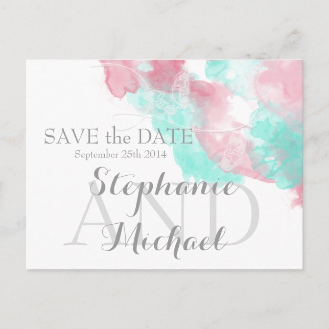 Watercolor Butterfly Minted Blush Save the Date Announcement Postcard (Front)