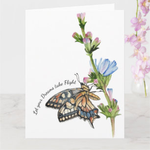 Watercolor butterfly on a chicory flower card