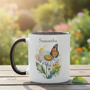 Watercolor Butterfly on Daisy Floral Mug