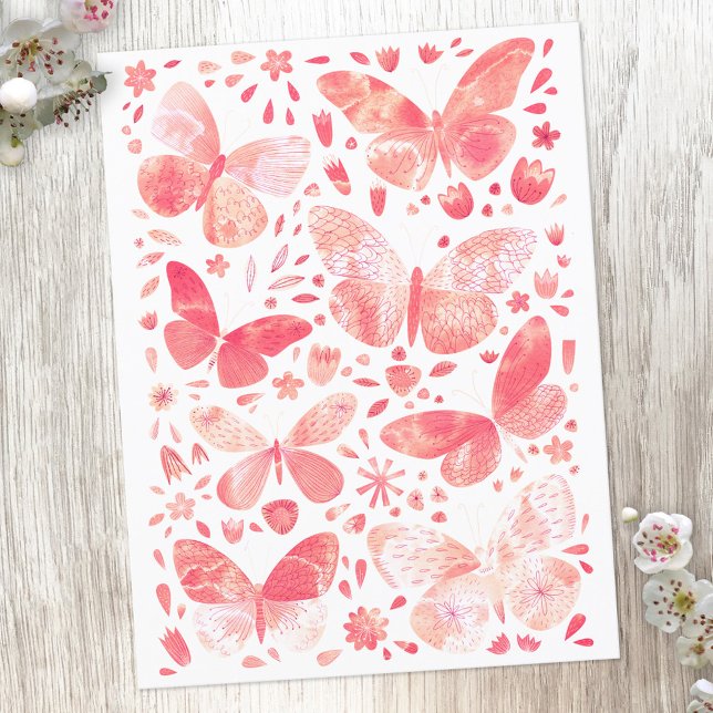 Watercolor Butterfly Pattern Pink Postcard (Watercolor blush pink and coral butterfly postcard)