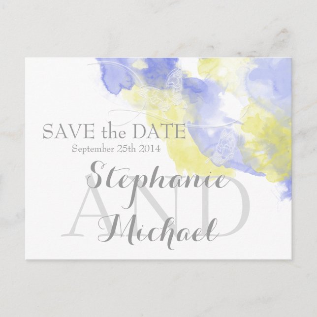 Watercolor Butterfly Periwinkle Lemon Save the Dat Announcement Postcard (Front)