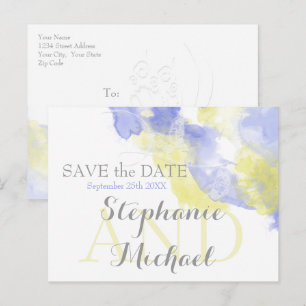 Watercolor Butterfly Periwinkle Lemon SavetheDate Announcement Postcard
