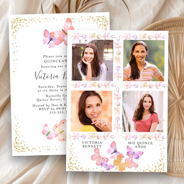 Watercolor Butterfly Quinceanera with 4 Photo Invitation (Photo Quinceanera Invitation from Butterfly Skies Quinceanera collection - order printed or digital)